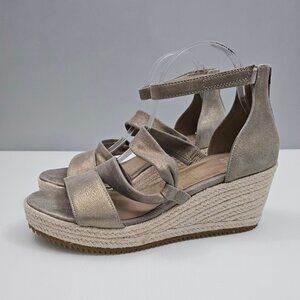 Eileen Fisher Wisp Wedge Sandal Womens 9.5 Platinum Leather Strappy Espadrille